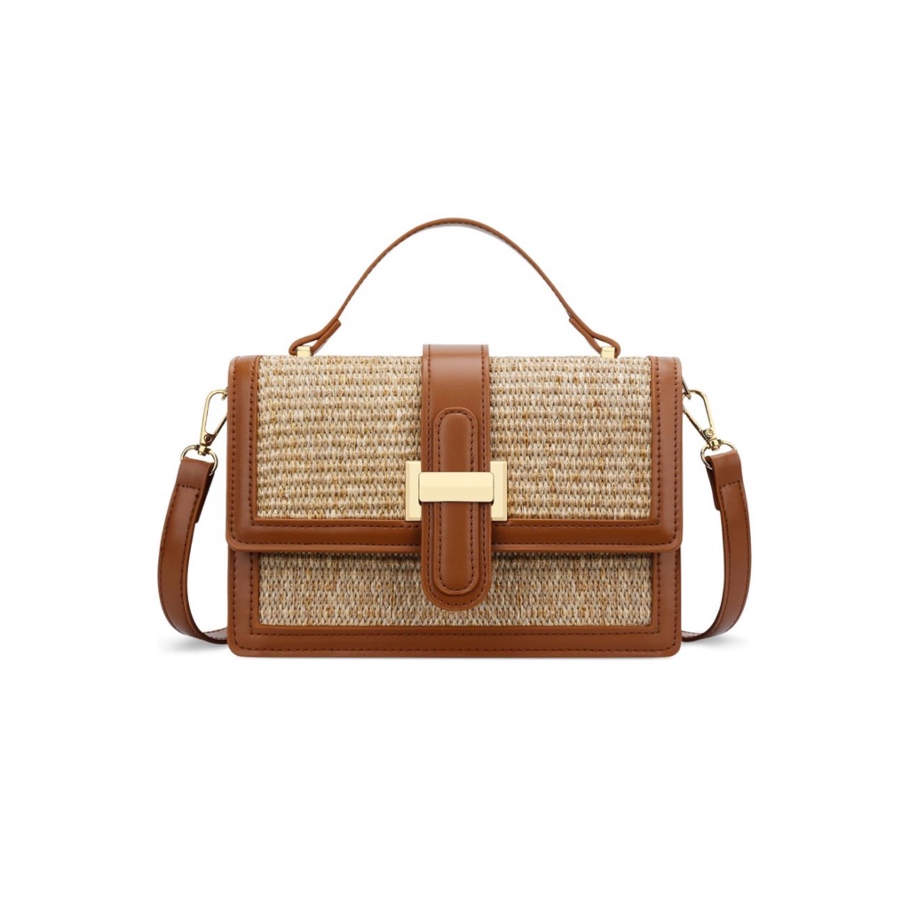 Tan Woven Crossbody Bag With Top Handle